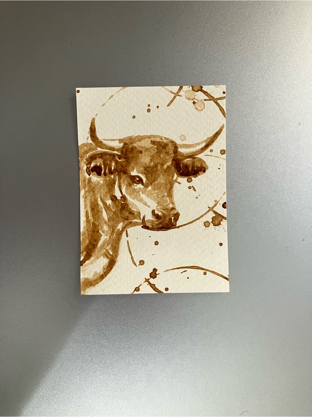 ORIGINAL coffee cow painting aceo miniature realism art western farm artwork USA